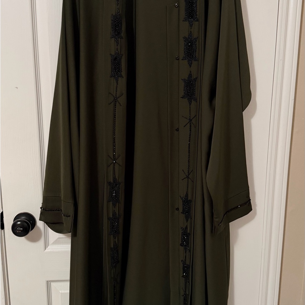Deep Olive Green Embellished Women's Coat Abaya from Doha, Qatar
